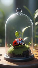 Ladybird on moss in bell jar by Maud De Vries