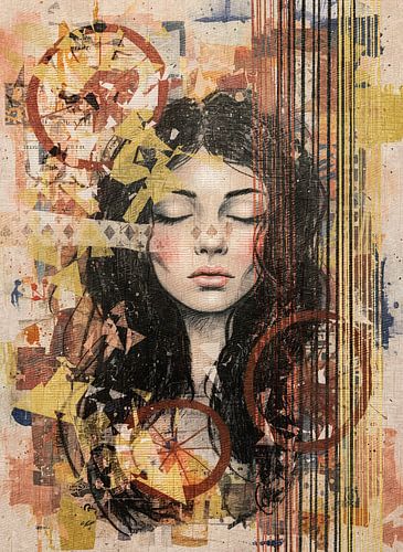 Mixed media portret - jonge vrouw met zwarte haren