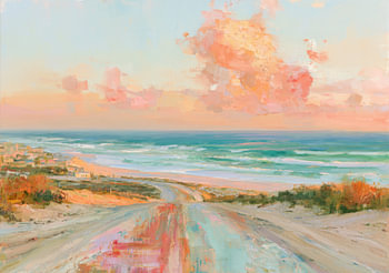 Een kustdroom bij zonsondergang – Weg naar het strand met roze wolken