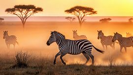 Zebras Running in Savannah at Sunset by Markus Gann
