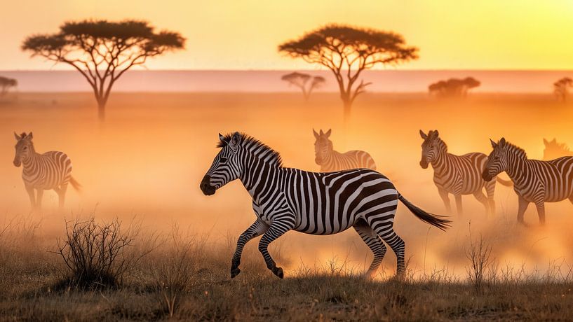 Zebras laufen in Savannah bei Sonnenuntergang von Markus Gann