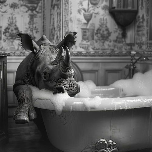 Neushoorn in bad - Een unieke badkamerfoto voor je toilet