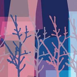 Abstrait botanique avec des branches en bleu pastel et rouge sur Dina Dankers