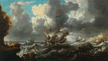 A man o’war in choppy seas with soldiers on an outcrop nearby, Bonaventura Peeters the Elder