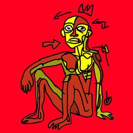 Une figure rouge néo-expressionniste assise dans le silence du chômage sur Aden Pink Studio