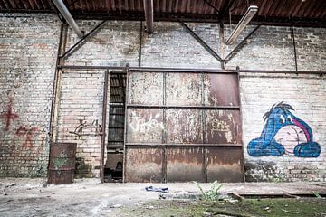 Gate with Eeyore in Abandoned Factory Hall, Belgium by Art By Dominic