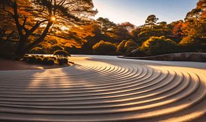 jardin zen au coucher du soleil