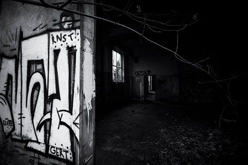 urbex gebouw met graffiti in Duitsland, zwart wit