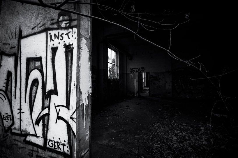 urbex-Gebäude mit Graffiti in Deutschland, schwarz-weiß von Ger Beekes