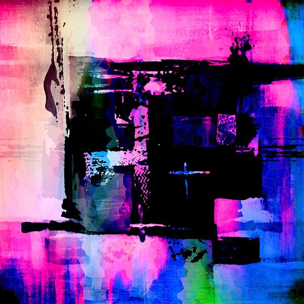 Modern, Abstract Digitaal Kunstwerk in Zwart Roze Blauw van Art By Dominic