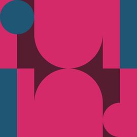 Abstrakte geometrische Kunst im Retrostil in Rosa, Weinrot, Blau von Dina Dankers