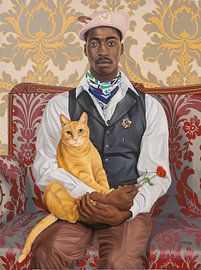 Dapper Man Orange Cat Red Rose by Damilare Jamiu