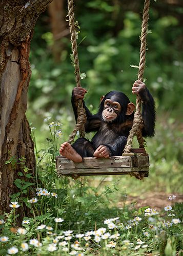 Baby chimpanzee on the swing by HyggeHavn