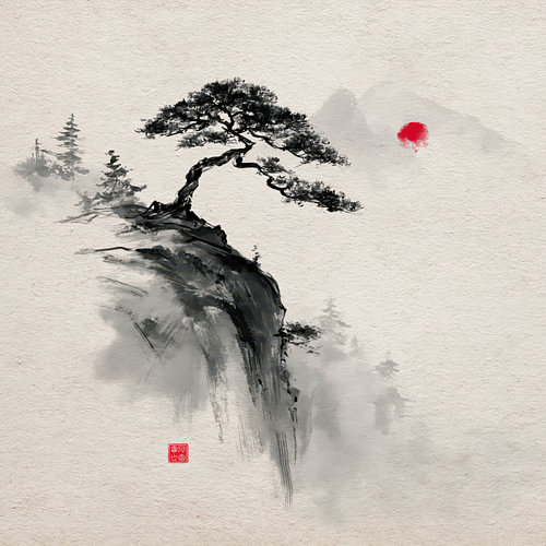Zen-Balance – Traditioneller japanischer Bonsai auf Felsen