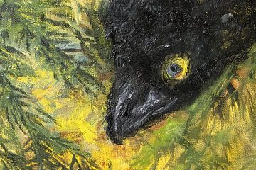 Abstracte vogel in levendige kleuren en bladeren van De Muurdecoratie