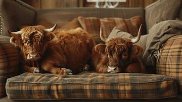 Twee jonge Schotse Hooglanders chillen op de bank van Beefboy