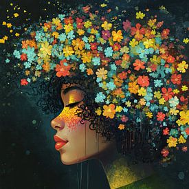 Bloemen hoofd | Vrouw met kleurrijk haar van Kunst Kriebels