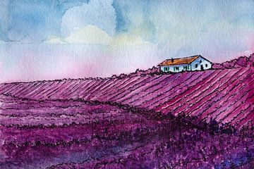 Lavendelvelden in Toscane  | Handgemaakte Aquarel Schilderij van WatercolorWall