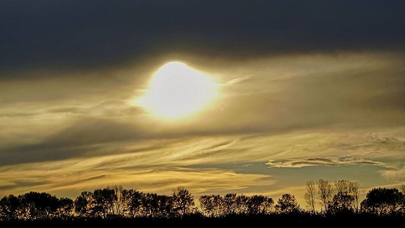 Ondergaande zon boven een Zeeuwse dijk met bomenrij van Gert van Santen