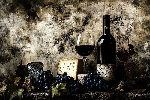 Wijn, kaas en druiven stilleven