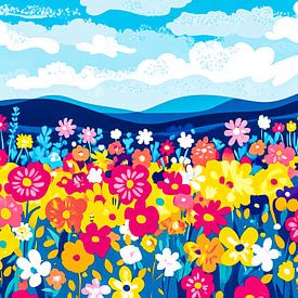 Kleurrijk bloemenveld met blauwe lucht van Art & Soul Creations