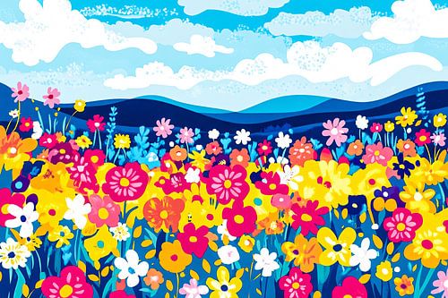 Kleurrijk bloemenveld met blauwe lucht