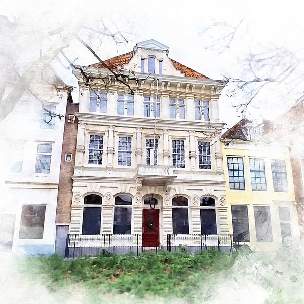Watercolour of the property "The Golden Nail" in Flushing, Zeeland by Danny de Klerk