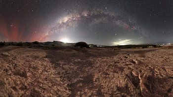 Dinosaur steps under Moon and Milkyway
