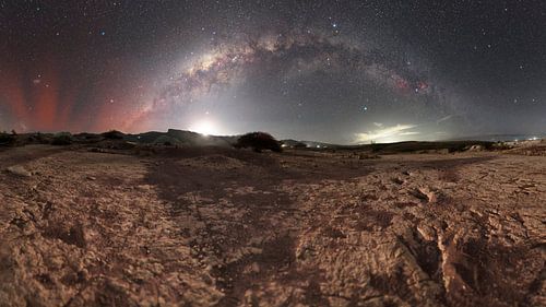Dinosaur steps under Moon and Milkyway