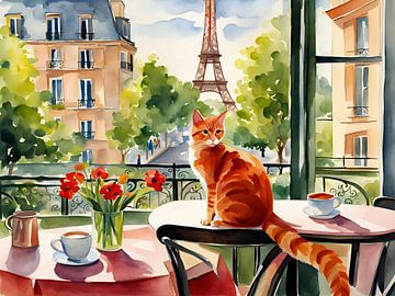 Bonjour Paris - Aquarelle chat sur Vincent the Cat
