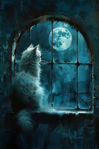 Witte mystieke kat bij het maanraam - Stille nacht vol magie