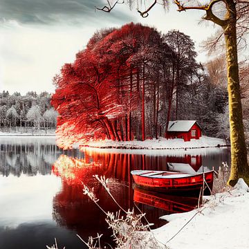 Droombeeld met rode boot in een winter landschap 2 van Maarten Knops