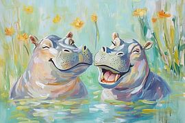 Nilpferde lächelnd | Zwei glückliche Nilpferde im Garten von Blickfänger Gemälde