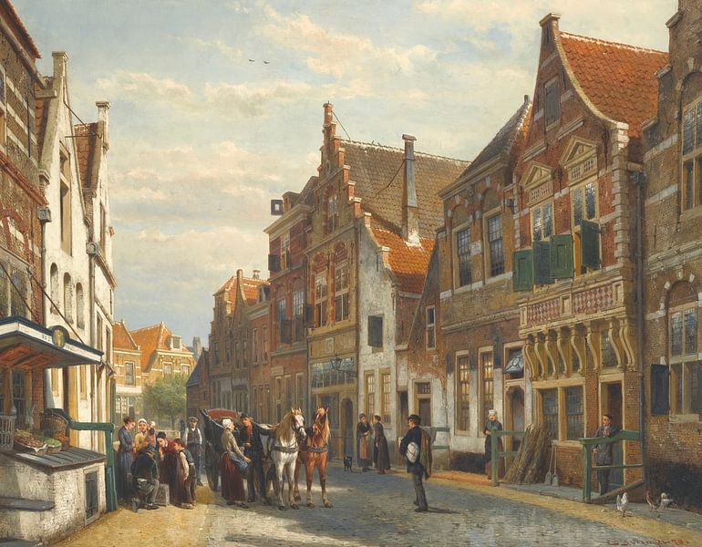 Schilderij Oudewater - Schilderij van de Wijdstraat te Oudewater in de zomer - Cornelis Springer van Schilderijen Nu