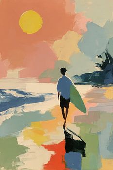 Abstracte surfer op het strand in het zonlicht