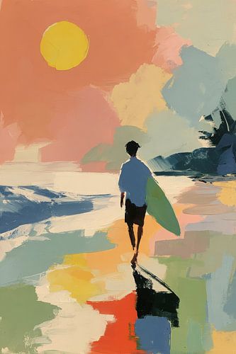 Abstracte surfer op het strand in het zonlicht