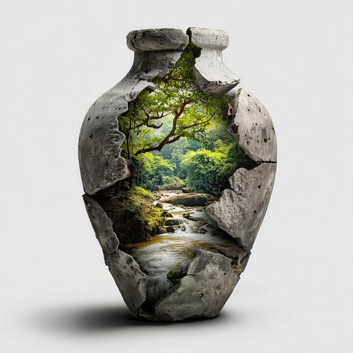 Vase aus Bruchstein mit Motiv „Tropischer Wald und Fluss“