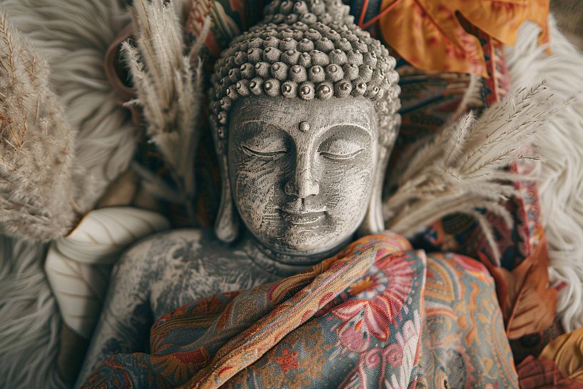 Buddha-Statue mit Blumen und rustikalen Farben von Imperial Art House
