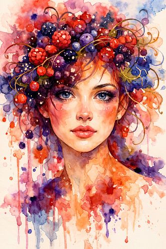Dromerig damesportret met kleurrijk fruitkapsel (AI) (vrouw, portret, schilderij, chic, vrolijke)