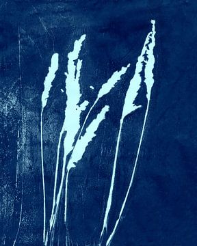 Grass blades in dark blue and white. Modern botanical art. by Dina Dankers