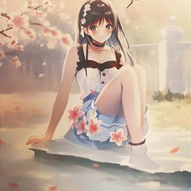 Anime meisje met bruine ogen omringd met bloesem van Emiel de Lange