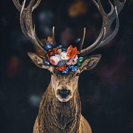 Deer in collage of vintage flowers by John van den Heuvel