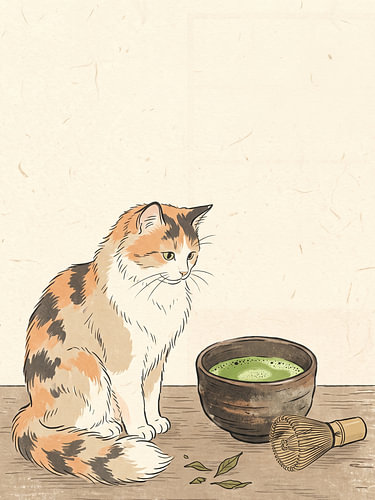 Calico Cat Enjoying A Peaceful Matcha Moment In Japanese Tradition