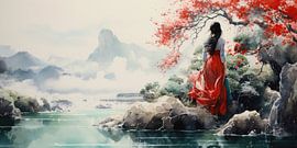 Very beautiful beautiful landscape with water and mountains and a woman by Art Bizarre