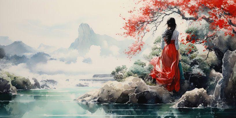 Very beautiful beautiful landscape with water and mountains and a woman by Art Bizarre