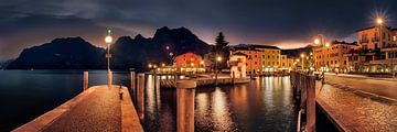 Port of Torbole on Lake Garda in the evening as a panoramic image.