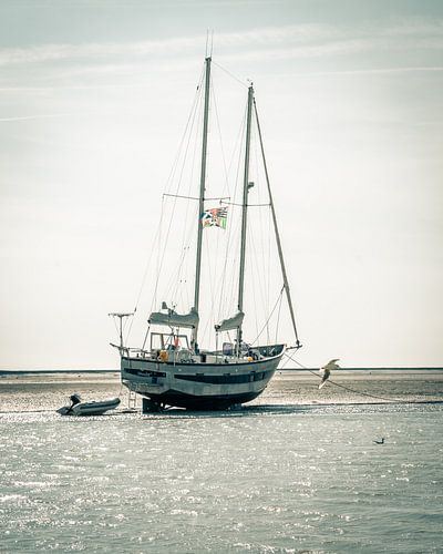 Segelyacht auf dem Festland in der Nähe des Mont St. Michel
