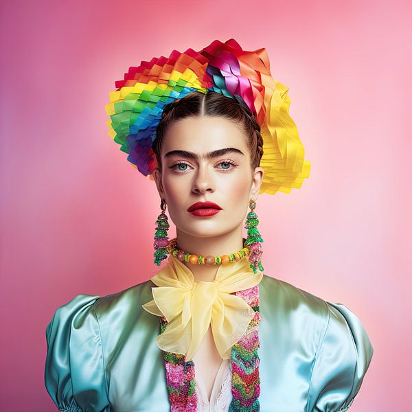 Frida portrait in rainbow pastel by Vlindertuin-Art