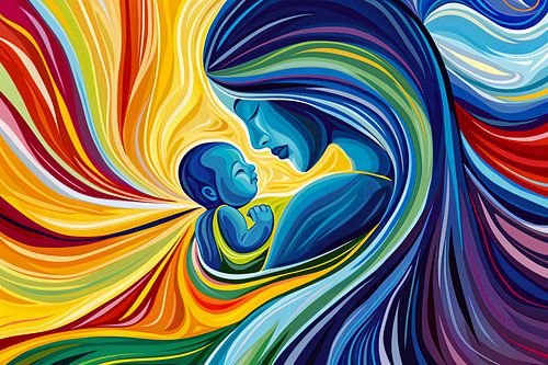 Digitaal abstract schilderachtig portret fictieve vrouw en kind