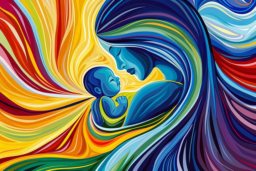 Digitaal abstract schilderachtig portret fictieve vrouw en kind van Egon Zitter